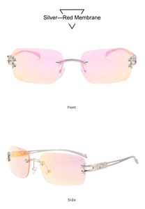 Vue détaillée frontale et latérale des lunettes sans monture avec verres dégradés rose