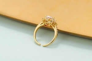 Luxury gold sunflower ring with sparkling micro-pave crystals and adjustable open band