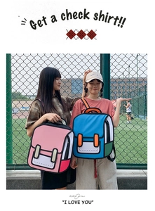 Detail of 2D comic style backpack featuring bold black outlines and vibrant color blocks