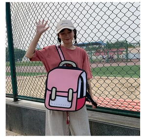 Pink 2D cartoon style backpack with bold black outlines shown on a model outdoors