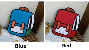 Detailed comparison of red and blue 2D cartoon style backpacks with bold black outlines