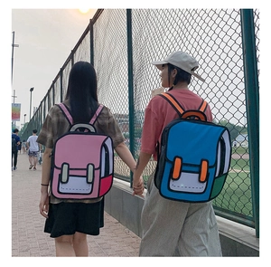 Outdoor shot of 2D cartoon style pink and blue backpacks worn by models in real life