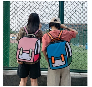 Outdoor shot of 2D cartoon style backpacks in pink and blue on models at school