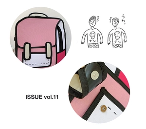 Detail of 2D cartoon style pink backpack with bold black outlines and metal magnetic buckle