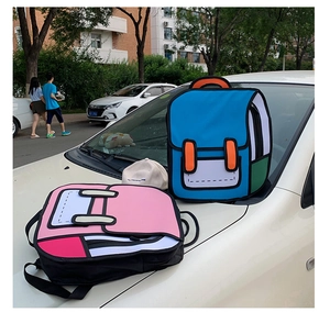 Detailed view of 2D comic style canvas backpacks with bold outlines in blue and pink colors