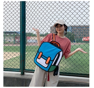 Outdoor shot of the 2D cartoon backpack with vibrant blue and orange contrast colors