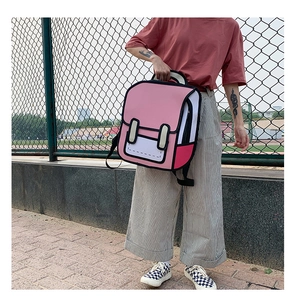 Detail of pink 2D cartoon backpack with black outlines on an outdoor court background