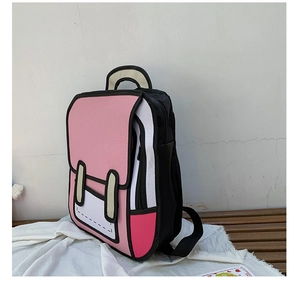 Detailed side view of 2D cartoon style pink backpack with black contrast outlines