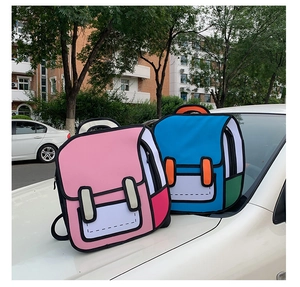 Detail of 2D cartoon style pink and blue backpacks showing bold black outlines on canvas