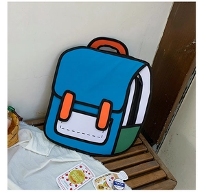 2D cartoon backpack with blue and orange contrast colors shown on a wooden bench