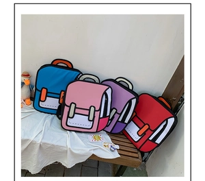 Outdoor display of 2D cartoon style backpacks in blue, pink, purple, and red colors