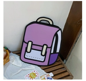 Detail of creative 2D comic style purple canvas backpack with cartoon 3D vision effect