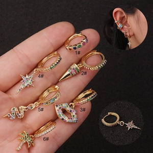 Bohemian gold hoop earrings with colorful zircon in star, snake, and tree shapes