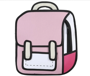 Pink 2D cartoon style backpack with bold black outlines and a 3D comic book aesthetic