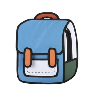 Detailed front view of a blue 2D cartoon backpack with orange handles and canvas texture
