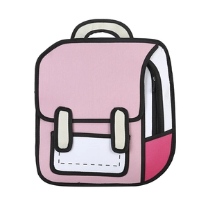 Detail of pink and white 2D comic backpack with bold black outlines and canvas texture