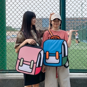 2D Comic Style Backpack Canvas Large Capacity Waterproof School Bookbag Trendy Creative Anime Visual Illusion