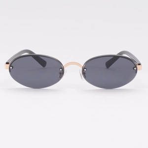 Elegant rimless oval sunglasses with grey lenses and gold metal bridge for women