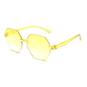 Frameless octagonal sunglasses in bright yellow jelly color with geometric flat lenses