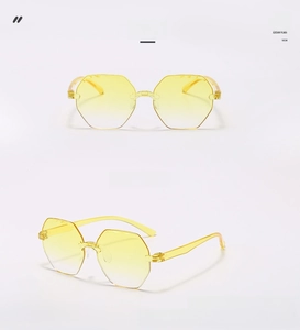 Detail view of yellow gradient lenses on rimless octagonal sunglasses for women
