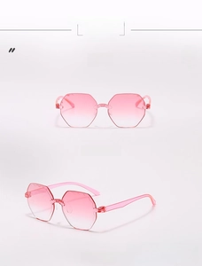 Close-up of frameless octagonal pink gradient sunglasses from front and 45-degree angles
