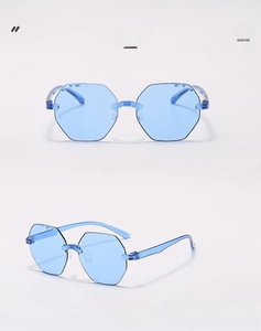 Close-up of blue rimless geometric sunglasses with octagonal candy-colored lenses