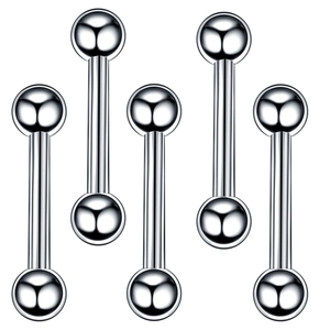 Five silver stainless steel barbell body piercing studs with ball and cone ends on white back