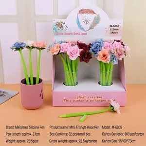 Colorful silicone rose flower gel pens 0.5mm displayed in a decorative pink box