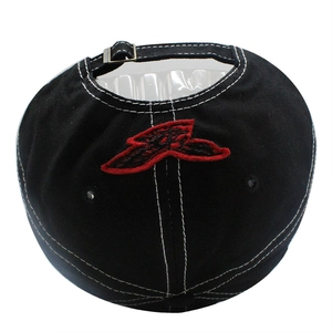 Detail view of black denim baseball cap with white contrast stitching and metal back buckle