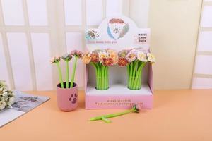 Close-up of assorted plush rose pens in pink, yellow, and purple inside a display box