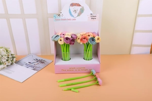 Creative 0.5mm rose flower gel pens in green stems displayed in a warm gift display box