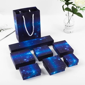Blue starry sky jewelry box set with matching paper bag for rings and necklaces