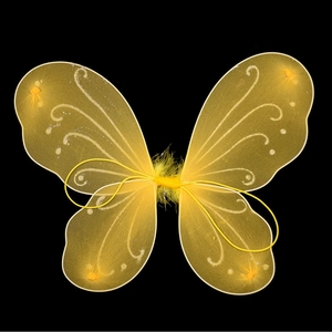 Detail of yellow mesh butterfly wings with elastic straps for children performances