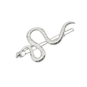 Silver alloy snake-shaped hair clip with detailed scales and green gemstone eyes