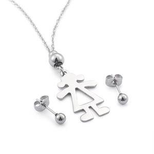 Ensemble bijoux en acier poli avec pendentif silhouette femme et boucles d'oreilles boules