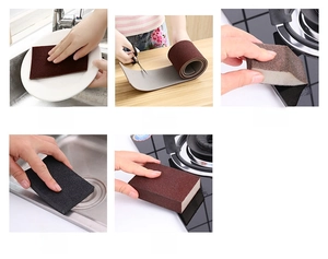 Detailed views of emery sponge pads for kitchen cleaning, including roll and sheet formats
