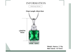 Detailed size information for a square green emerald 925 sterling silver pendant necklace