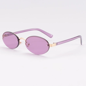 Elegant oval rimless sunglasses with purple lenses and gold metal bridge for women