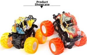 Detail of inertial off-road monster trucks with graffiti paint and shock absorbers