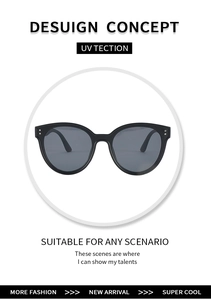 Detail view of black full-frame sunglasses showing UV protection and metal dot accents