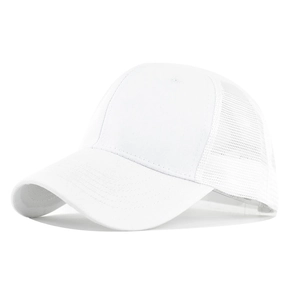 Detail of white cotton trucker cap showing mesh back and solid twill front panels