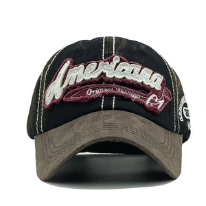 Vintage Americana baseball cap with embroidery, two-tone black and brown washed fabric style