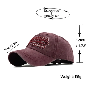 Washed cotton baseball cap with 3D embroidery and dimensional sizing specifications