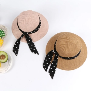 Straw sun hats for baby girls with polka dot bow ribbon in pink and beige styles