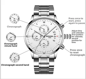 Diagramme fonctionnel détaillé du chronographe étanche pour homme avec bracelet acier