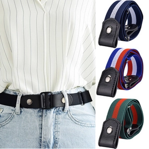Detail of woven elastic belts in assorted stripes and solid black with round metal buckle