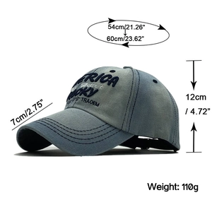 Washed denim baseball cap with America Rocky embroidery and size specifications shown