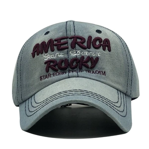 Vintage light blue washed denim baseball cap with purple America Rocky 3D embroidery