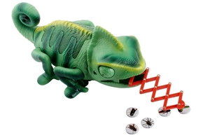 Detail view of chameleon toy with extendable red tongue and four insect game tokens