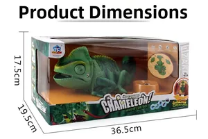 Detailed dimensions of electric remote control chameleon toy in open window display box